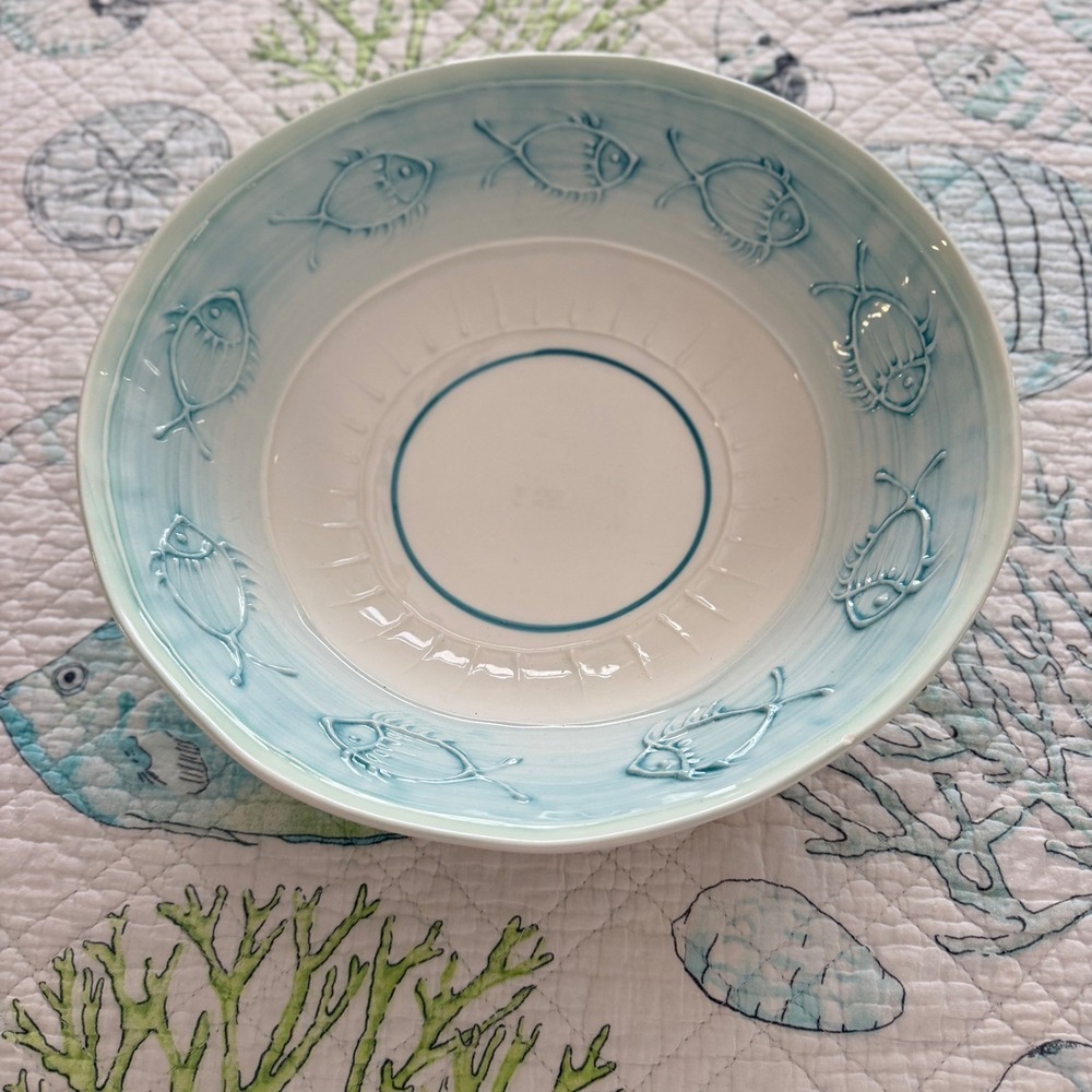 Maioliche Jessica, Italy Embossed Ceramic Fish Large Serving Bowl Coastal 13"